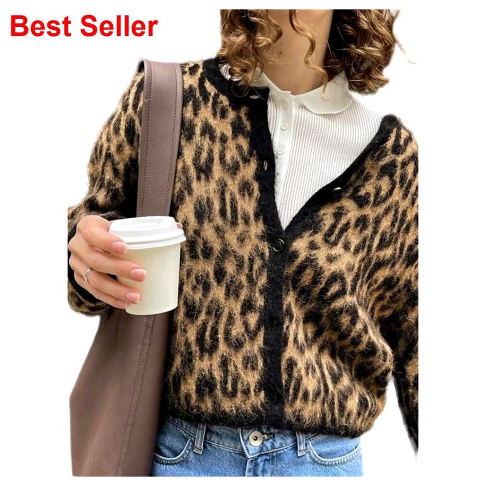 Women's Leopard Cardigan Button Down Fuzzy Knit Sweater Long Sleeve Outerwear